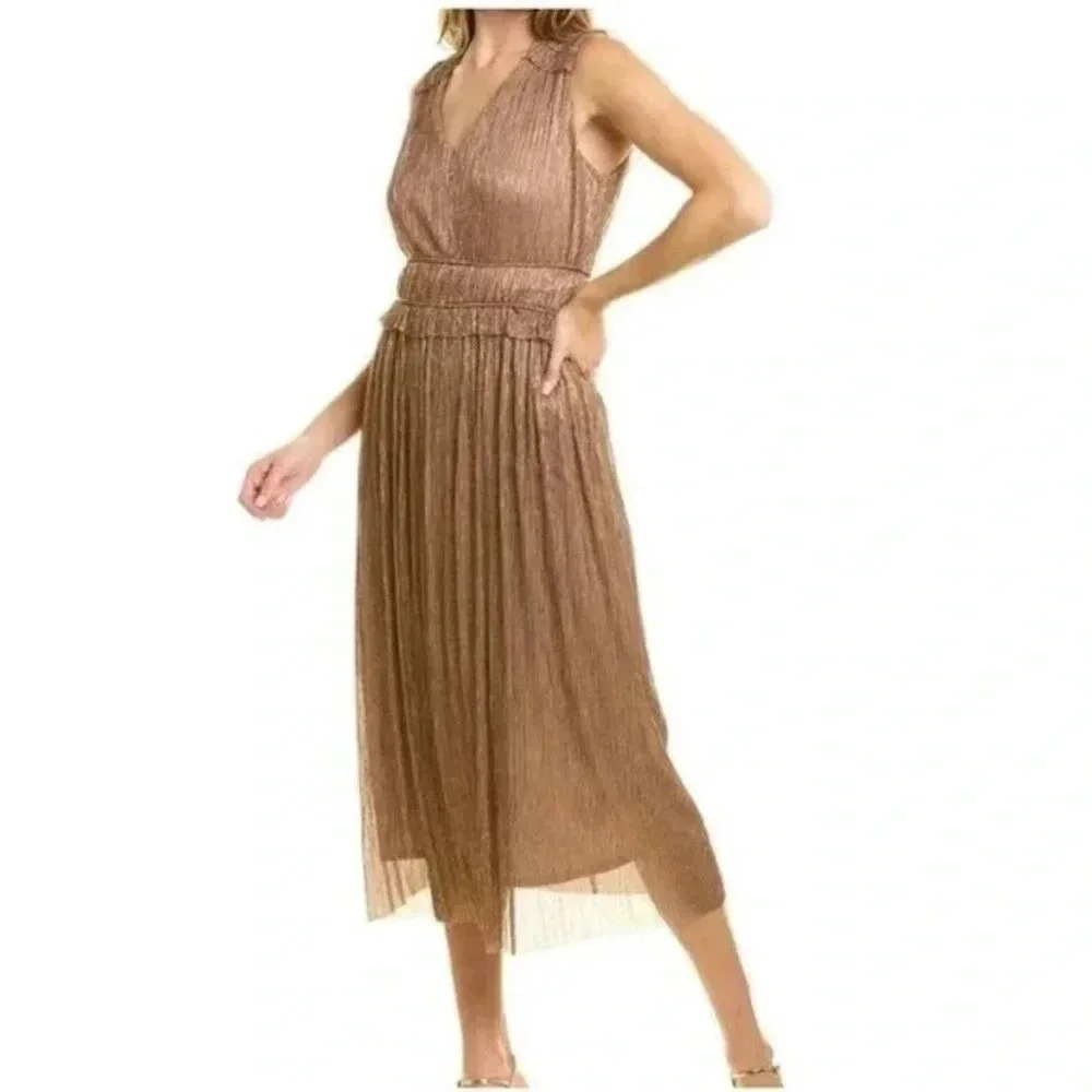 TAYLOR Women's Gold Smocked-waist Chiffon Lined Sleeveless Midi Dress Size 2